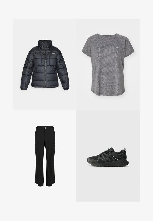 Casaco puffer preto com gola alta, padrão acolchoado e fecho éclair à frente. Apresenta dois bolsos laterais e punhos elásticos.; Camisa cinza de manga curta com um padrão texturizado subtil, decote redondo e logótipo da Columbia no peito. Tecido suave, ajuste descontraído.; Calças cargo pretas feitas de um tecido leve; apresentam dois bolsos frontais, dois bolsos laterais de carga e punhos elásticos nos tornozelos.; Columbia PEAKFREAK - Sapatos de caminhada - black
