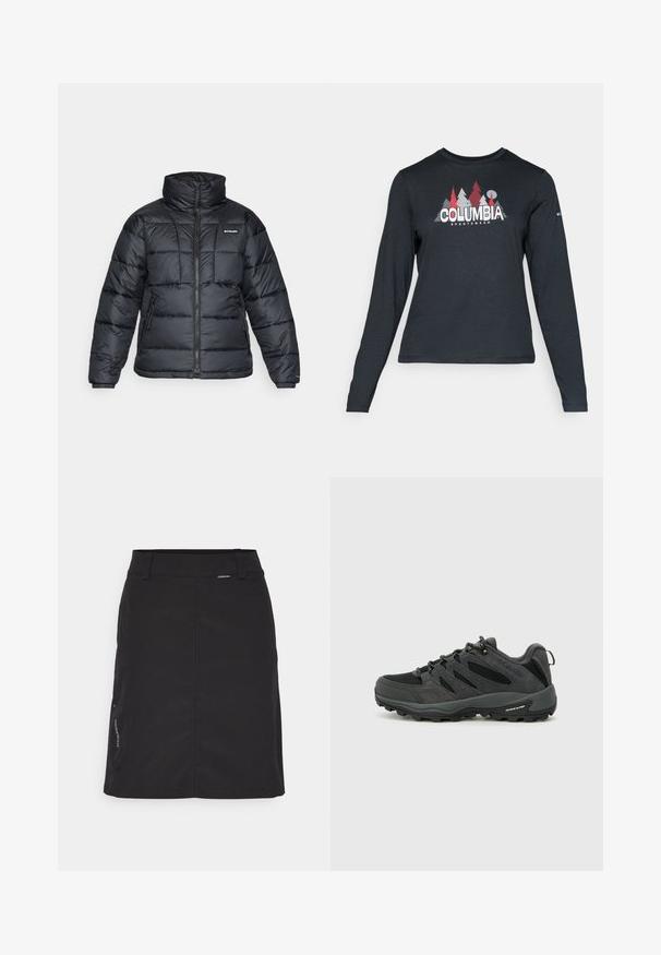 Black puffer jacket with high collar, quilted pattern, and zippered front. Features two side pockets and elastic cuffs.; Long-sleeve dark gray shirt with a graphic of red trees and mountains; "COLUMBIA" logo in bold white text. Soft fabric, standard crew neck.; Black skirt with a fitted waistband, straight cut, and side pocket. Made of a smooth, lightweight fabric, featuring minimal branding on the side.; Columbia REDMOND - Hiking shoes - black/citron haze