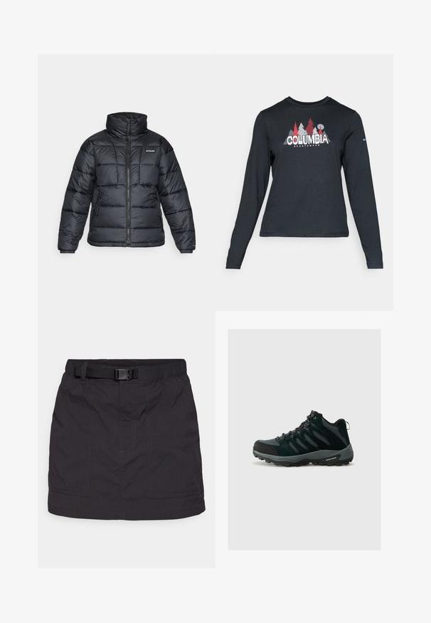 Svart dunjakke med høy krage, kviltet mønster og glidelås foran. Har to sidelommer og elastiske mansjetter.; Langermet mørkegrå skjorte med grafikk av røde trær og fjell; "COLUMBIA" logo i fet hvit tekst. Mykt stoff, standard rund hals.; Svart skjørt med belted midje, med to frontlommer, en teksturert stoff og søm detaljer gjennom hele. Uformell design.; Columbia REDMOND - Fjellsko - black/citron haze