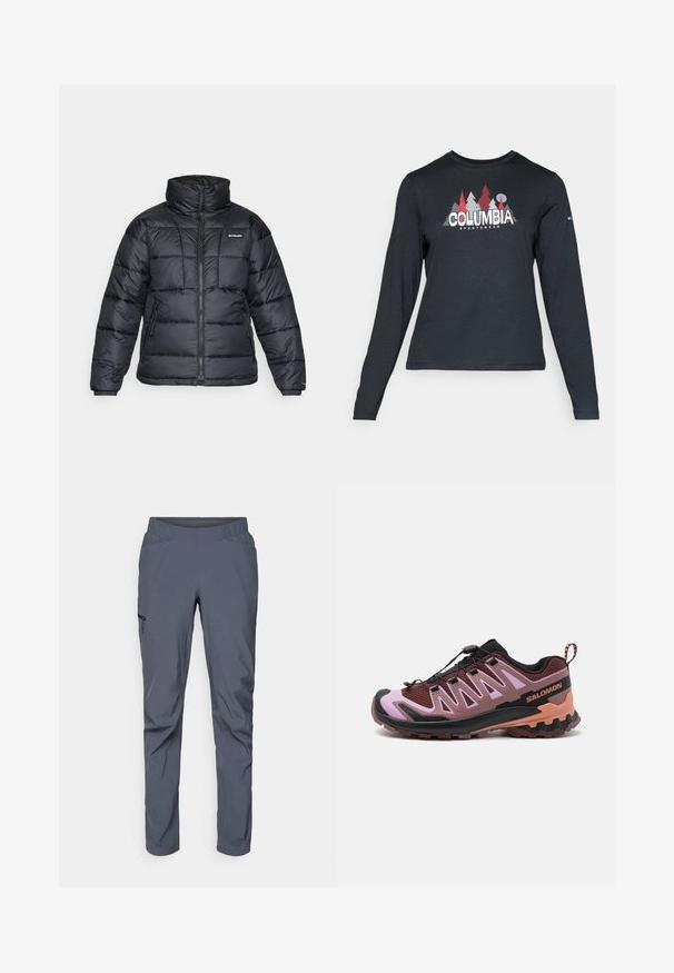 Giubbotto trapuntato nero con collo alto, motivo a cucitura e chiusura con zip. Presenta due tasche laterali e polsini elasticizzati.; Maglietta a maniche lunghe grigia scura con una grafica di alberi rossi e montagne; logo "COLUMBIA" in caratteri bianchi in grassetto. Tessuto morbido, scollatura a girocollo standard.; Pantaloni da performance grigi con cintura elasticizzata, due tasche frontali e una tasca laterale con zip. Texture liscia e vestibilità affusolata.; Scarpa da trail running in nero, maroon e rosa. Caratterizzata da una tomaia in mesh, sistema di allacciatura integrato, suola testurizzata e controferma stabilizzante.