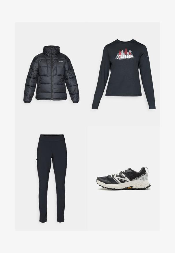 Veste rembourrée noire avec col haut, motif matelassé et fermeture éclair à l'avant. Elle dispose de deux poches latérales et de poignets élastiques.; Chemise à manches longues gris foncé avec un motif d'arbres rouges et de montagnes ; logo "COLUMBIA" en lettres blanches en gras. Tissu doux, col rond standard.; Pantalons de sport noirs à coupe ajustée, avec une taille élastique et une poche latérale zippée. Tissu lisse et extensible avec des coutures minimales.; New Balance FRESH FOAM X HIERRO V8 - Chaussures de running - blacktop