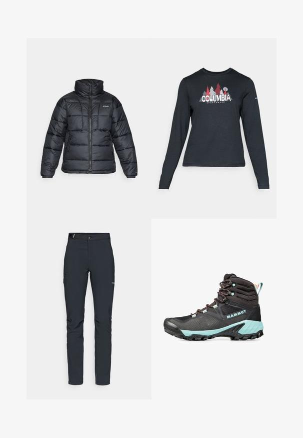 Schwarze Pufferjacke mit hohem Kragen, gestepptem Muster und Reißverschluss vorne. Hat zwei Seitentaschen und elastische Ärmelabschlüsse.; Dunkelgraues Langarmshirt mit einem Grafikdesign von roten Bäumen und Bergen; das "COLUMBIA"-Logo in fett weißer Schrift. Weicher Stoff, klassischer Rundhalsausschnitt.; Herren Outdoor-Hosen, dunkelgrau, aus flexiblem Material, mit einem Gürtel, Reißverschlusstaschen und verstärkten Nähten.; Schwarzer Wanderstiefel mit verstärkter Zehenkappe, türkisfarbenen Akzenten, strukturiertem Obermaterial und gemustertem Profil. Mit mehrfarbigen Schnürsenkeln und gepolstertem Kragen.