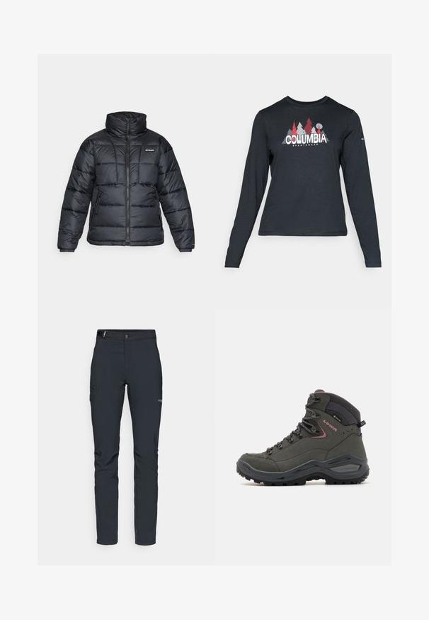 Crna puffa jakna s visokim ovratnikom, kvadratnim uzorkom i zatvaračem sprijeda. Ima dva bočna džepa i elastične manžete.; Majica dugih rukava tamnosive boje s grafikom crvenih drveća i planina; logo "COLUMBIA" u podebljanom bijelom tekstu. Mekana tkanina, standardni okrugli izrez.; Muške outdoor hlače, tamno sive boje, izrađene od fleksibilnog materijala, s remenom, džepovima na patentni zatvarač i ojačanim šavovima.; Zeleni planinarski čizmi s visokim gležnjem, izrađeni od kože i sintetičkog materijala, gumeni potplat i metalni rupici za vezice. Minimalni detalji.