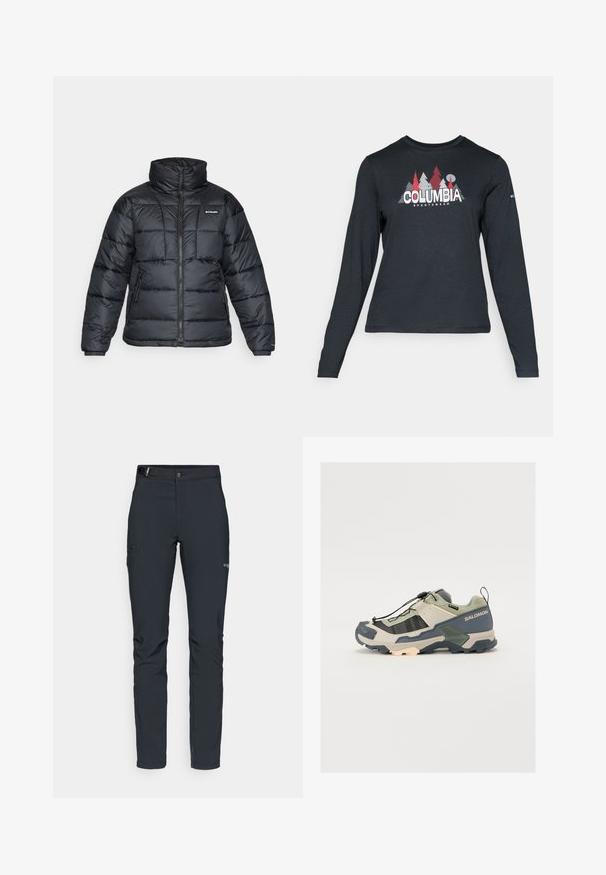 Svart dunjakke med høy krage, kviltet mønster og glidelås foran. Har to sidelommer og elastiske mansjetter.; Langermet mørkegrå skjorte med grafikk av røde trær og fjell; "COLUMBIA" logo i fet hvit tekst. Mykt stoff, standard rund hals.; Herre utendørsbukser, mørkegrå, laget av fleksibelt materiale, med belte, glidelåslommer og forsterkede sømmer.; Terrenglissesko med en lys grønn og grå overdel, gummisåle, sikkert snøresystem, teksturerte paneler og slitesterke detaljer.
