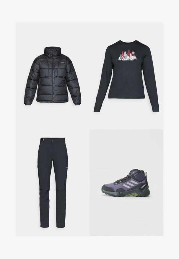 Casaco puffer preto com gola alta, padrão acolchoado e fecho éclair à frente. Apresenta dois bolsos laterais e punhos elásticos.; Camisa de mangas longas cinza escuro com um gráfico de árvores vermelhas e montanhas; logótipo "COLUMBIA" em texto branco em negrito. Tecido suave, cuello redondo padrão.; Calças de exterior para homens, cinza escuro, feitas de material flexível, com cinto, bolsos com fecho éclair e costuras reforçadas.; Sapatilha de caminhada roxa e preta com parte superior texturizada, acentos cinzas e sola verde, apresentando sistema de amarração e padrão de piso robusto.