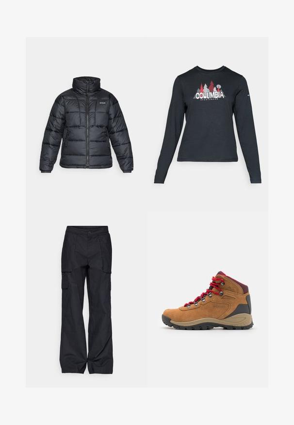 Čierna bundová izolácia s vysokým golierom, prešívaný vzor a zipsovým predným zapínaním. Obsahuje dve bočné vrecká a elastické manžety.; Dlhý rukáv, tmavošedá košeľa s grafikou červených stromov a hôr; logo "COLUMBIA" v tučnom bielom texte. Mäkká tkanina, štandardný okrúhly výstrih.; Columbia BREA FALLS™ COTTON RIPSTOP PANT - Outdoorové nohavice - black; Hnedé semišové turistické topánky s červenými šnúrkami, čiernou gumovou podrážkou, šedými akcentmi a polstrovanou podporou členka. Obsahuje kovové očká a detail loga.