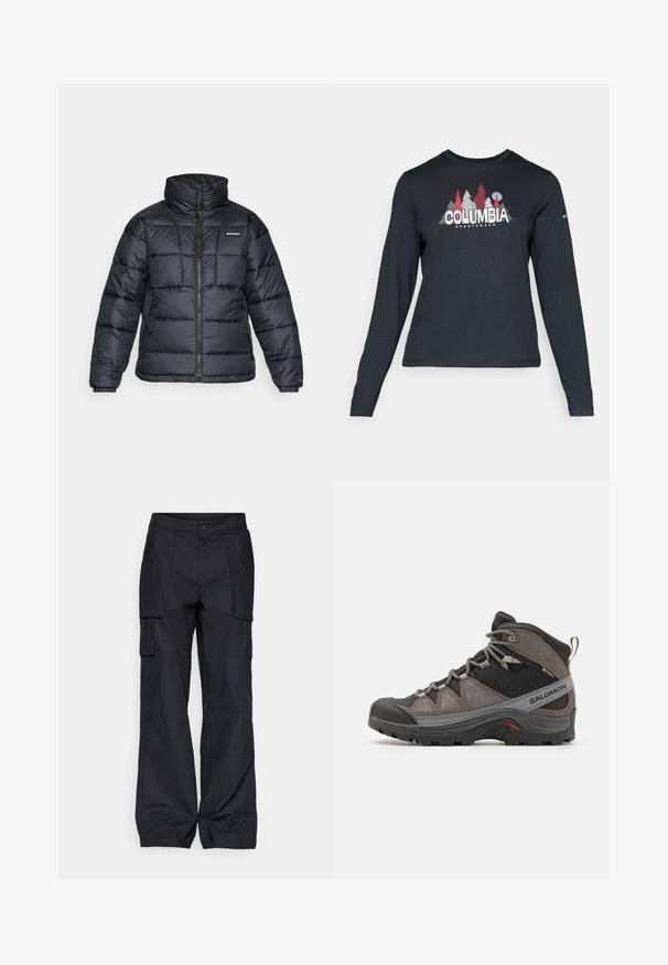 Czarna puchowa kurtka z wysokim kołnierzem, pikowanym wzorem i zamek błyskawiczny z przodu. Posiada dwie boczne kieszenie i elastyczne mankiety.; Długie rękawy, ciemnoszara koszula z grafiką czerwonych drzew i gór; logo "COLUMBIA" w wyraźnym białym tekście. Miękka tkanina, standardowy okrągły dekolt.; Columbia - Długie spodnie trekkingowe; Szare i czarne, średnie buty trekkingowe z grubym bieżnikiem, wzorzystymi sznurowadłami, logo "Salomon" oraz etykietą Gore-Tex, przedstawione z zewnętrznej strony.