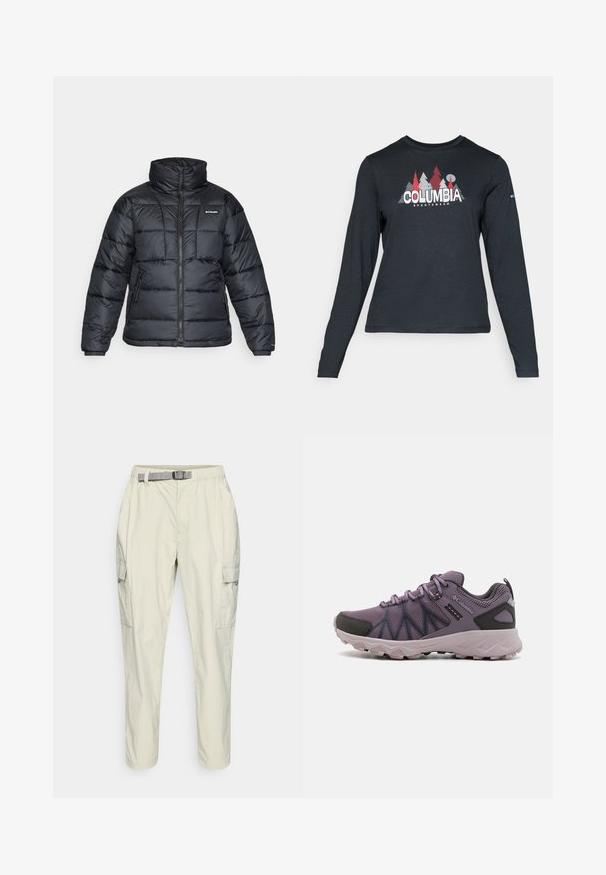Μαύρο φουστανελάκι με ψηλό γιακά, ραφές και υφάδι με φερμουάρ. Διαθέτει δύο πλαινά τσέπες και ελαστικούς καρπούς.; Μακρυμάνικο σκούρο γκρι πουκάμισο με γραφικό κόκκινων δέντρων και βουνών; το λογότυπο "COLUMBIA" σε έντονο λευκό κείμενο. Μαλακό ύφασμα, τυπικός στρογγυλός λαιμός.; Ανοιχτό μπεζ cargo παντελόνια κατασκευασμένα από ελαφρύ ύφασμα, με ελαστική μέση και γκρι ζώνη, πλαϊνές τσέπες και άνετη εφαρμογή.; Ελαφριά μωβ ορειβατικά παπούτσια με διχτυωτό επάνω μέρος, μαύρες λεπτομέρειες, μαξιλαρωτή σόλα και ανθεκτική σόλα για πρόσφυση.
