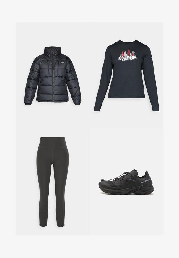 Černá prošívaná bunda s vysokým límcem, prošívaným vzorem a zipovým zapínáním. Obsahuje dvě boční kapsy a elastické manžety.; Tmavě šedá dlouhá košile s grafikou červených stromů a hor; logo "COLUMBIA" v tučném bílém písmu. Měkká tkanina, standardní kulatý výstřih.; Černé legíny s vysokým pasem vyrobené z elastického materiálu s hladkým povrchem; obsahují postranní kapsy a ploché švy pro větší komfort.; Černé trailové běžecké boty s texturovaným svrškem, síťovanými panely a bezpečným zapínacím systémem. Mají robustní podešev pro trakci.