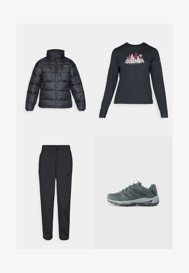 Casaco puffer preto com gola alta, padrão acolchoado e fecho éclair à frente. Apresenta dois bolsos laterais e punhos elásticos.; Camisa de mangas longas cinza escuro com um gráfico de árvores vermelhas e montanhas; logótipo "COLUMBIA" em texto branco em negrito. Tecido suave, cuello redondo padrão.; Calças cargo pretas com cintura elástica, vários bolsos com fecho éclair e costuras em painéis para uma textura e design adicionais.; Sapatos de caminhada cinza escuro com parte superior em malha e camurça, design de atacadores, sola amortecida e sola robusta com padrão de aderência.