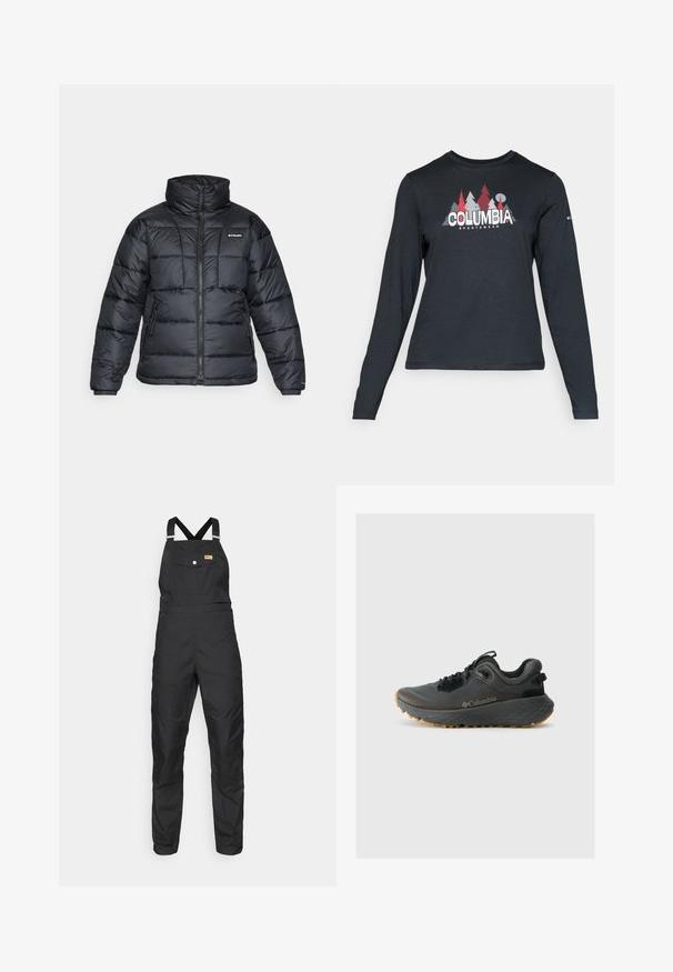 Mustat puffatakit, joissa on korkea kaulus, päivitysympäristö ja vetoketjullinen etuosa. Varustettu kahdella sivutaskulla ja joustavilla hihansuilla.; Tummanharmaa pitkähihaisen paidan graafinen kuva punaisista puista ja vuorista; "COLUMBIA" -logo lihavoituna valkoisella tekstillä. Pehmeä kangas, normaali pyöreä kaula-aukko.; Fjällräven VARDAG DUNGAREE TROUSERS W - Ulkohousut - black; Columbia TERRASTRIDE CRZ - Vaelluskengät - shark/black