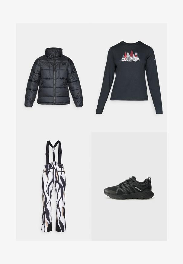 Fekete puffermellény magas gallérral, steppelt mintával és cipzáras elülső résszel. Két oldalsó zsebe és rugalmas mandzsettái vannak.; Hosszú ujjú, sötétszürke ing piros fákkal és hegyekkel díszítve; a "COLUMBIA" logó vastag fehér betűkkel. Puha anyag, klasszikus kerek nyakkivágás.; Fekete és fehér hullámos mintázatú sínadrág bézs kiegészítőkkel. Állítható fekete vállpántokkal és cipzáras elülső zsebekkel rendelkezik.; Columbia PEAKFREAK - Túracipők - black