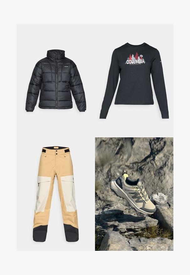 Črna pihasta jakna z visokim ovratnikom, prešitimi vzorci in zadrgo spredaj. Ima dve stranski žepki in elastične manšete.; Majica z dolgimi rokavi temno siva z grafiko rdečih dreves in gora; logotip "COLUMBIA" v krepki beli barvi. Mehka tkanina, standarden krojen ovratnik.; Beige in bele hlače za prosti čas z belimi in črnimi detajli. Imajo cargo žepke, dvojno zapiranje na gumb in trpežno teksturo, primerno za različne pogoje.; Columbia teka za tek po poteh v svetlobni bež in sivi barvi. Mrežasti zgornji del z teksturiranimi detajli, gumijast podplat in odsevni aksesoriji. Lahka zasnova.
