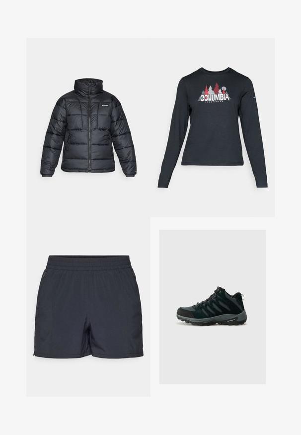 Mustat puffatakit, joissa on korkea kaulus, päivitysympäristö ja vetoketjullinen etuosa. Varustettu kahdella sivutaskulla ja joustavilla hihansuilla.; Tummanharmaa pitkähihaisen paidan graafinen kuva punaisista puista ja vuorista; "COLUMBIA" -logo lihavoituna valkoisella tekstillä. Pehmeä kangas, normaali pyöreä kaula-aukko.; Tummanharmaat lyhyet housut, jotka on valmistettu kevyistä materiaaleista. Niissä on joustava vyötärö, vetoketjulliset sivutaskut ja suoraviivainen leikkaus.; Columbia REDMOND - Vaelluskengät - black/citron haze