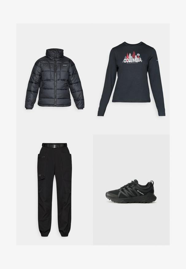 Jachetă pufată neagră cu guler înalt, model matlasat și închidere cu fermoar. Dispune de două buzunare laterale și manșete elastice.; Cămașă cu mâneci lungi de culoare gri închis, cu un grafic de copaci roșii și munți; logo-ul "COLUMBIA" în text alb îngroșat. Material moale, guler standard de tip crew.; Pantaloni cargo negri cu manșete elastice, multiple buzunare, o curea și un material neted, ușor texturat. Prezintă un buzunar lateral cu fermoar.; Columbia PEAKFREAK - Pantofi drumeție - black