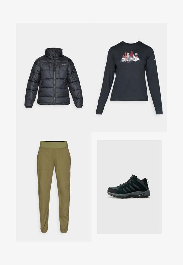 Crna puffa jakna s visokim ovratnikom, kvadratnim uzorkom i zatvaračem sprijeda. Ima dva bočna džepa i elastične manžete.; Majica dugih rukava tamnosive boje s grafikom crvenih drveća i planina; logo "COLUMBIA" u podebljanom bijelom tekstu. Mekana tkanina, standardni okrugli izrez.; Maslinasto zelene tapered hlače s elastičnim strukom, lagani materijal i dva bočna džepa. Sadrže suptilne šavove i manžetne na dnu.; Columbia REDMOND - Obuća za pješačenje - black/citron haze