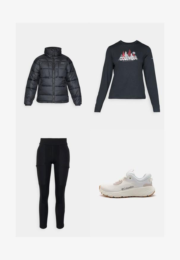 Musternatukamm, millel on kõrge krae, tikitud muster ja tõmblukuga esiosa. Sellel on kaks küljetaskut ja elastsed mansetid.; Pikend varrukatega tumehall särk, millel on punaste puude ja mägede graafika; "COLUMBIA" logo julge valge tekstiga. Pehme kangas, tavaline ümmargune kaelus.; Mustad kõrge vöökohtaga mustad retuusid, millel on kontrastsetes toonides paneelid, taskud ja sile, veniv tekstuur. Sobivad aktiivseks kasutamiseks.; Kerged Columbia spordijalanõud valgest võrgust, millel on tekstureeritud hall tall ja kummist haardepind. Omaduseks on polsterdatud krae ja nööridega kinnitussüsteem.