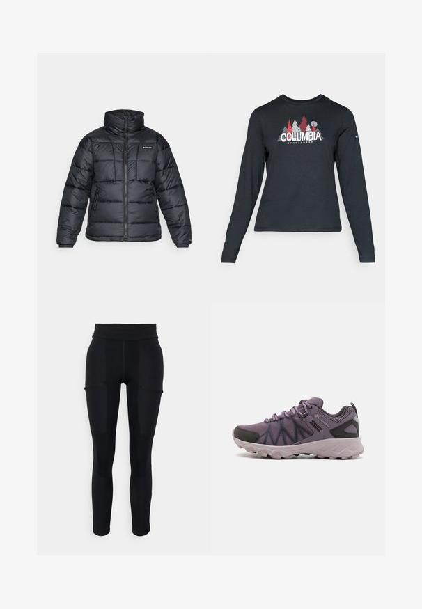 Črna pihasta jakna z visokim ovratnikom, prešitimi vzorci in zadrgo spredaj. Ima dve stranski žepki in elastične manšete.; Majica z dolgimi rokavi temno siva z grafiko rdečih dreves in gora; logotip "COLUMBIA" v krepki beli barvi. Mehka tkanina, standarden krojen ovratnik.; Črne legice z visokim pasom, ki imajo kontrastne panele, podrobnosti žepov in gladko, raztegljivo teksturo. Primerne za aktivno oblačenje.; Lahki vijolični pohodni čevlji z mrežastim zgornjim delom, črnimi detajli, oblazinjenim podplatom in grobim podplatom za oprijem.