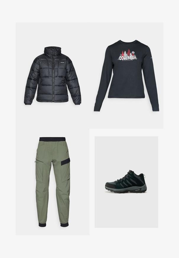 Musternatukamm, millel on kõrge krae, tikitud muster ja tõmblukuga esiosa. Sellel on kaks küljetaskut ja elastsed mansetid.; Pikend varrukatega tumehall särk, millel on punaste puude ja mägede graafika; "COLUMBIA" logo julge valge tekstiga. Pehme kangas, tavaline ümmargune kaelus.; Kerge oliivrohelised cargo püksid, millel on must elastne vöökoht, kaks suurt külgpocketit ja stiilne, veekindel kangas.; Columbia REDMOND - Matkajalatsid - black/citron haze