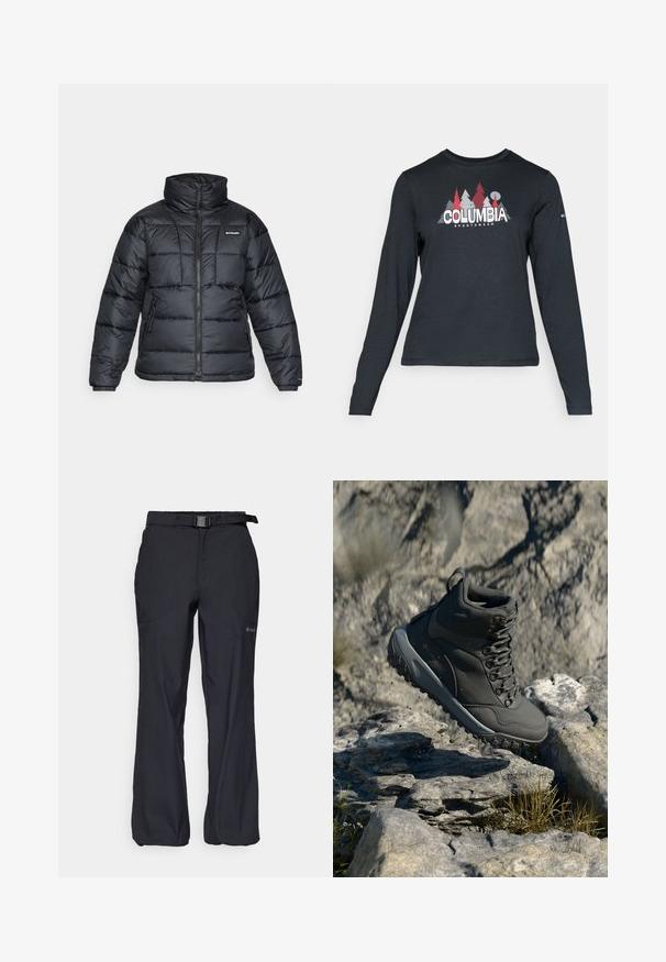 Svart puffjacka med hög krage, quiltat mönster och zippered front. Har två sidofickor och elastiska handledar.; Långärmad mörkgrå tröja med grafik av röda träd och berg; "COLUMBIA"-logotyp i fet vit text. Mjukt tyg, standard rund hals.; Svarta utomhusbyxor med lättviktsmaterial, justerbart midjeband med bälte och två framfickor. Designade för komfort och funktion.; Mörkgrå vandringskänga i syntetmaterial, med vadderad krage, metallöglor och strukturerad gummisula för grepp.