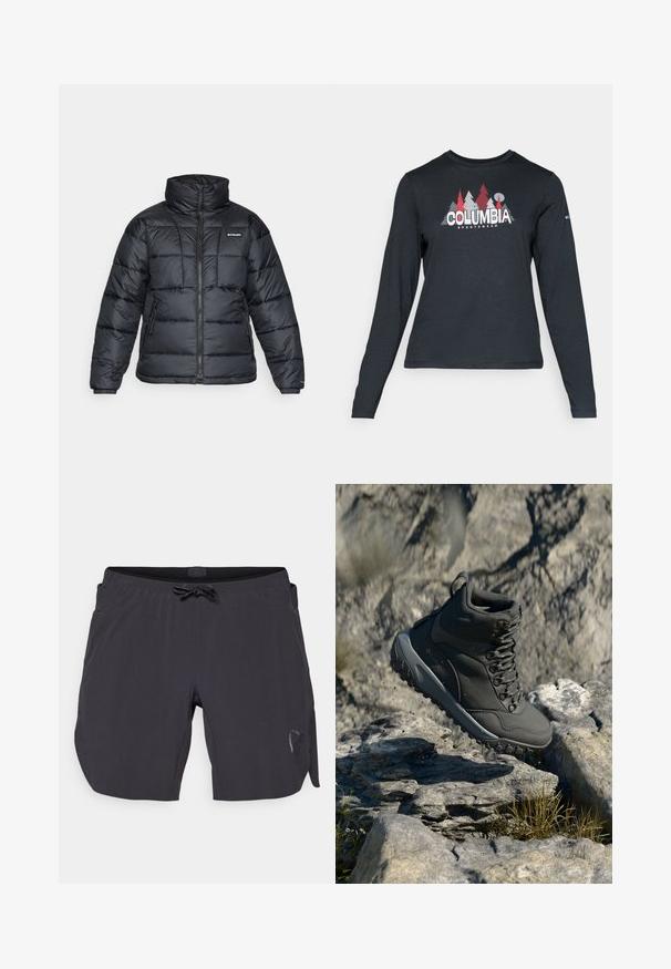 Černá prošívaná bunda s vysokým límcem, prošívaným vzorem a zipovým zapínáním. Obsahuje dvě boční kapsy a elastické manžety.; Tmavě šedá dlouhá košile s grafikou červených stromů a hor; logo "COLUMBIA" v tučném bílém písmu. Měkká tkanina, standardní kulatý výstřih.; Černé plavky s elastickým pasem a šňůrkou, které mají boční kapsy a decentní logo detail na levé noze.; Tmavě šedá turistická bota vyrobená z syntetického materiálu, s polstrovaným límcem, kovovými oky a texturovanou gumovou podrážkou pro lepší trakci.