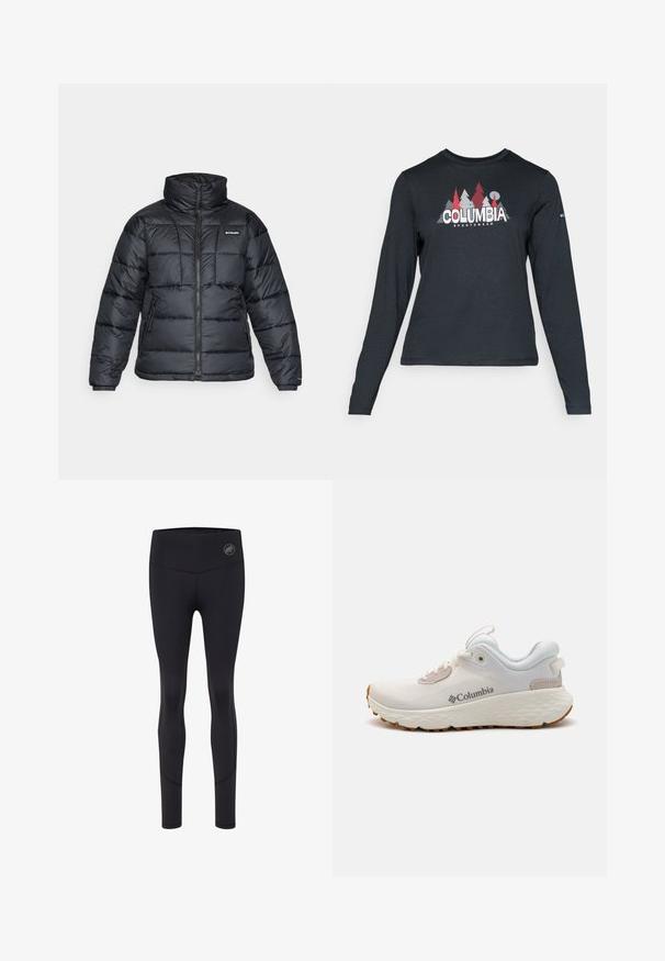 Zwarte pufferjack met hoge kraag, gestikt patroon en rits aan de voorkant. Beschikt over twee zijzakken en elastische manchetten.; Langsluitend donkergrijs shirt met lange mouwen, versierd met een grafisch ontwerp van rode bomen en bergen; het "COLUMBIA"-logo in vet witte tekst. Zacht materiaal, standaard ronde hals.; Zwarte sportleggings met een hoge tailleband, met een logo aan de voorkant, een gladde textuur en een aansluitend ontwerp.; Lichtgewicht Columbia sportieve schoen in witte mesh met een gestructureerde grijze zool en rubberen grip. Voorzien van een gewatteerde kraag en vetersluiting.