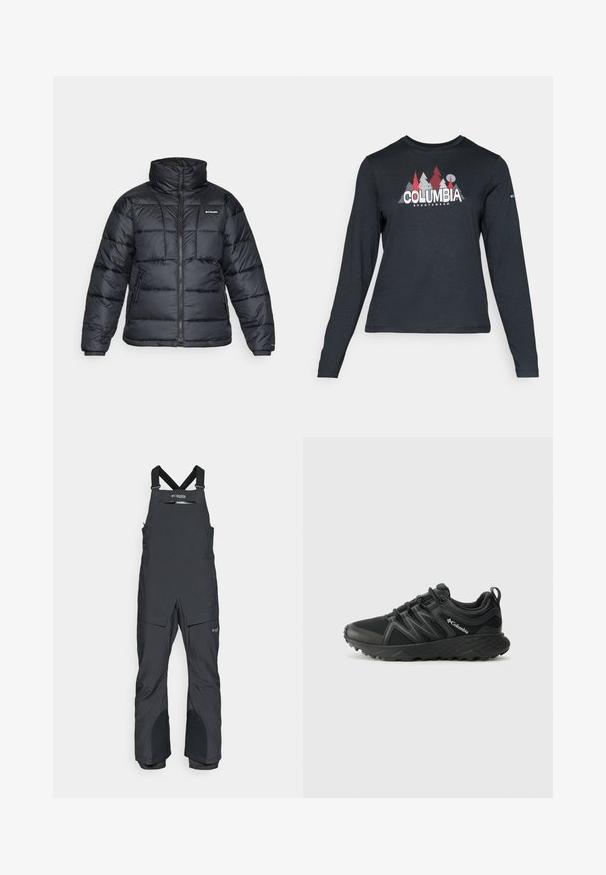 Melnā pūkainā jaka ar augstu apkakli, quilted rakstu un ar rāvējslēdzēju priekšpusi. Iezīmē divas sānu kabatas un elastīgas aproces.; Tumšs pelēks krekls ar garām piedurknēm, ar grafiku, kurā attēloti sarkani koki un kalni; "COLUMBIA" logo treknā baltā tekstā. Mīksta auduma, standarta apaļa kakla izgriezums.; Melnas izolētas bikses kopā, kas izgatavotas no ūdensizturīga materiāla, ar regulējamām siksnām, priekšējo rāvējslēdzēja kabatu un pastiprinātām ceļu vietām.; Columbia PEAKFREAK - Pārgājienu apavi - black