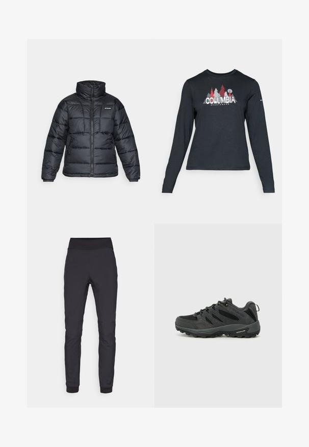 Crna puffa jakna s visokim ovratnikom, kvadratnim uzorkom i zatvaračem sprijeda. Ima dva bočna džepa i elastične manžete.; Majica dugih rukava tamnosive boje s grafikom crvenih drveća i planina; logo "COLUMBIA" u podebljanom bijelom tekstu. Mekana tkanina, standardni okrugli izrez.; Crne atletske hlače izrađene od rastezljivog materijala, s širokim, glatkim pojasom, suženim nogavicama i rebrastim manžetama na gležnjevima.; Columbia REDMOND - Obuća za pješačenje - black/citron haze