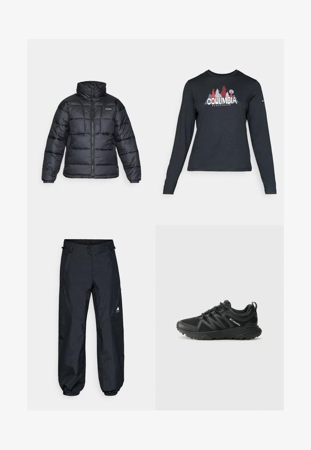 Zwarte pufferjack met hoge kraag, gestikt patroon en rits aan de voorkant. Beschikt over twee zijzakken en elastische manchetten.; Langsluitend donkergrijs shirt met lange mouwen, versierd met een grafisch ontwerp van rode bomen en bergen; het "COLUMBIA"-logo in vet witte tekst. Zacht materiaal, standaard ronde hals.; Zwarte waterdichte broek met een gladde structuur, elastische boorden, ritszakken aan de zijkant en een berglogo op het onderbeen.; Columbia PEAKFREAK - Outdoorschoenen - black