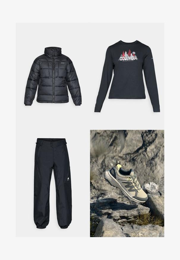 Casaco puffer preto com gola alta, padrão acolchoado e fecho éclair à frente. Apresenta dois bolsos laterais e punhos elásticos.; Camisa de mangas longas cinza escuro com um gráfico de árvores vermelhas e montanhas; logótipo "COLUMBIA" em texto branco em negrito. Tecido suave, cuello redondo padrão.; Calças impermeáveis pretas com uma textura suave, punhos elásticos, bolsos laterais com fecho de correr e um logotipo de montanha na parte inferior da perna.; Sapatilha de trail running Columbia em bege claro e cinza. Parte superior em malha com detalhes texturizados, sola de borracha e acabamentos refletivos. Design leve.