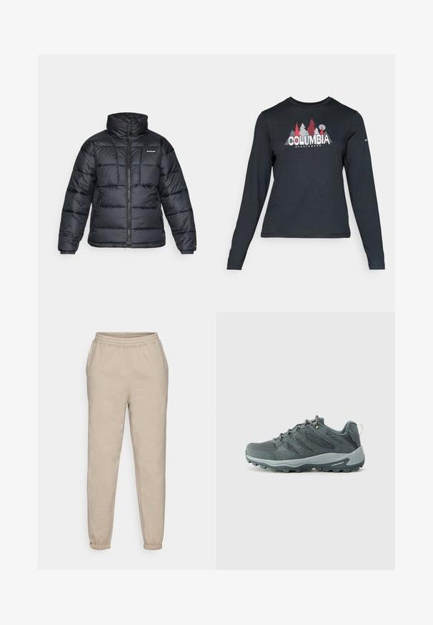 Juodas pūkuotas švarkas su aukštu apykakle, išsiuvinėtu raštu ir užtrauktuku priekyje. Yra dvi šoninės kišenės ir elastingi rankogaliai.; Ilga rankovė tamsiai pilka marškinėliai su raudonų medžių ir kalnų grafika; drąsaus baltos spalvos teksto "COLUMBIA" logotipas. Minkšta medžiaga, standartinis apvalus kaklas.; Šviesiai rudos spalvos sportinės kelnės, pagamintos iš minkštos medvilnės mišinio. Turi elastingą juosmenį ir siaurinančias rankoves, užtikrinančias patogų prigludimą.; Tamsiai pilki žygio batai su tinklinėmis ir zomšinėmis viršutinėmis dalimis, su raišteliais, paminkštintu padu ir tvirtu padu su įpjovų raštu.