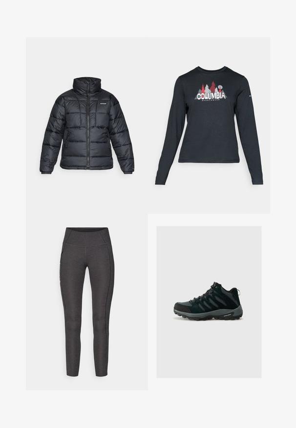 Crna puffa jakna s visokim ovratnikom, kvadratnim uzorkom i zatvaračem sprijeda. Ima dva bočna džepa i elastične manžete.; Majica dugih rukava tamnosive boje s grafikom crvenih drveća i planina; logo "COLUMBIA" u podebljanom bijelom tekstu. Mekana tkanina, standardni okrugli izrez.; Elastične hlače visokog struka u tamnosivoj boji, izrađene od teksturiranog materijala. Imaju prilagođeni kroj i bočne džepove za pohranu.; Columbia REDMOND - Obuća za pješačenje - black/citron haze