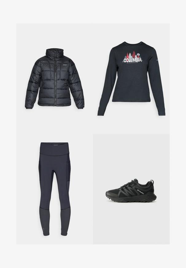 Black puffer jacket with high collar, quilted pattern, and zippered front. Features two side pockets and elastic cuffs.; Long-sleeve dark gray shirt with a graphic of red trees and mountains; "COLUMBIA" logo in bold white text. Soft fabric, standard crew neck.; Navy blue athletic leggings made from stretchy material, featuring a high waistband, side pocket, and contrast stitching. Smooth texture.; Columbia PEAKFREAK - Hiking shoes - black