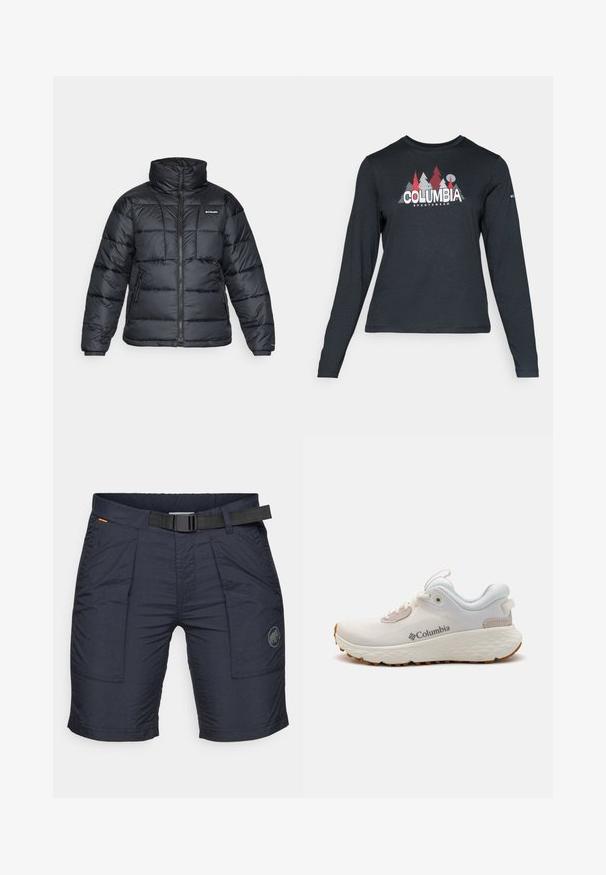 Melnā pūkainā jaka ar augstu apkakli, quilted rakstu un ar rāvējslēdzēju priekšpusi. Iezīmē divas sānu kabatas un elastīgas aproces.; Tumšs pelēks krekls ar garām piedurknēm, ar grafiku, kurā attēloti sarkani koki un kalni; "COLUMBIA" logo treknā baltā tekstā. Mīksta auduma, standarta apaļa kakla izgriezums.; Jūras zila krāsa cargo šorti, izgatavoti no viegla auduma, ar vairākiem kabatām, jostu ar plastmasas sprādzi un logotipa emblēmu.; Viegls Columbia sporta apavs baltā sietā ar teksturētu pelēku zoli un gumijas saķeri. Iespējas ietver polsterētu apkakli un saistīšanas dizainu.