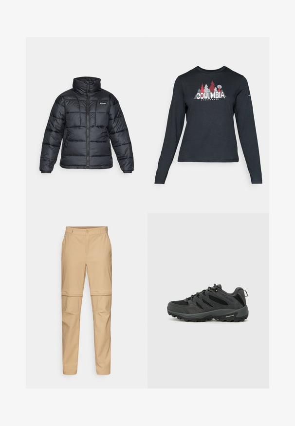 Crna puffa jakna s visokim ovratnikom, kvadratnim uzorkom i zatvaračem sprijeda. Ima dva bočna džepa i elastične manžete.; Majica dugih rukava tamnosive boje s grafikom crvenih drveća i planina; logo "COLUMBIA" u podebljanom bijelom tekstu. Mekana tkanina, standardni okrugli izrez.; Bež hlače s zatvaračem koje se mogu ukloniti, s ravnim prednjim dijelom, zatvaranjem na gumb i suženim nogavicama. Izrađene od lagane tkanine s glatkom teksturom.; Columbia REDMOND - Obuća za pješačenje - black/citron haze