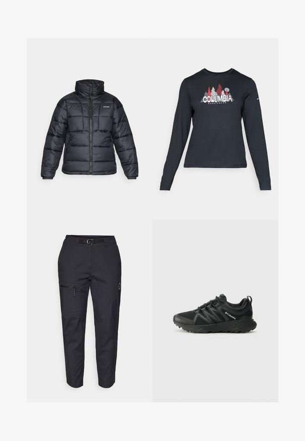 Svart dunjakke med høy krage, kviltet mønster og glidelås foran. Har to sidelommer og elastiske mansjetter.; Langermet mørkegrå skjorte med grafikk av røde trær og fjell; "COLUMBIA" logo i fet hvit tekst. Mykt stoff, standard rund hals.; Sorte cargo bukser med belte i livet, tapered ben, glidelåslomme på låret og en diskret logo på siden. Holdbar tekstur.; Columbia PEAKFREAK - Fjellsko - black