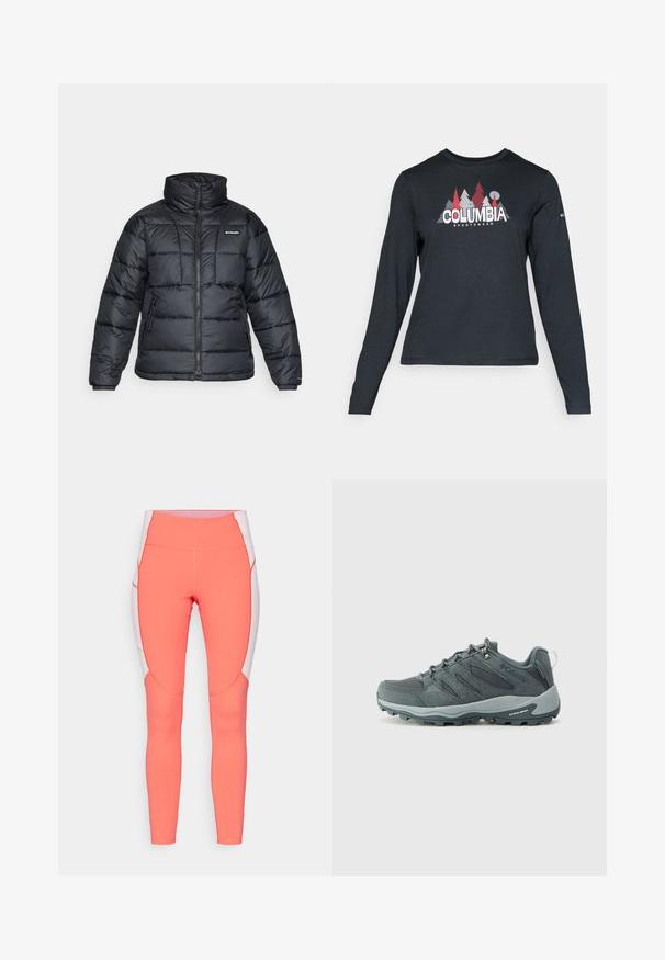 Casaco puffer preto com gola alta, padrão acolchoado e fecho éclair à frente. Apresenta dois bolsos laterais e punhos elásticos.; Camisa de mangas longas cinza escuro com um gráfico de árvores vermelhas e montanhas; logótipo "COLUMBIA" em texto branco em negrito. Tecido suave, cuello redondo padrão.; Leggings atléticos cor-de-corais com cintura alta, apresentando painéis laterais brancos e costuras curvas. Textura suave com detalhes de costura em contraste.; Sapatos de caminhada cinza escuro com parte superior em malha e camurça, design de atacadores, sola amortecida e sola robusta com padrão de aderência.