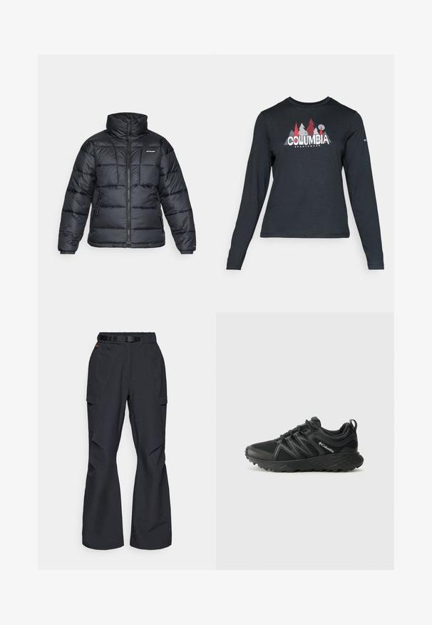 Svart puffjacka med hög krage, quiltat mönster och zippered front. Har två sidofickor och elastiska handledar.; Långärmad mörkgrå tröja med grafik av röda träd och berg; "COLUMBIA"-logotyp i fet vit text. Mjukt tyg, standard rund hals.; Svarta cargo-byxor med platt midja och justerbart bälte, med sidofickor och en lös passform med avsmalnande ben. Strukturerad tyg.; Columbia PEAKFREAK - Hikingskor - black