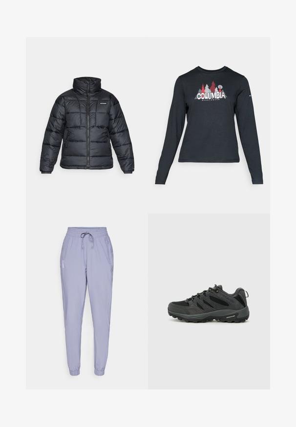 Melnā pūkainā jaka ar augstu apkakli, quilted rakstu un ar rāvējslēdzēju priekšpusi. Iezīmē divas sānu kabatas un elastīgas aproces.; Tumšs pelēks krekls ar garām piedurknēm, ar grafiku, kurā attēloti sarkani koki un kalni; "COLUMBIA" logo treknā baltā tekstā. Mīksta auduma, standarta apaļa kakla izgriezums.; Gaiši violeta sporta bikses, izgatavotas no gludas, vieglas auduma. Pieder elastīga josta, saites un sānu kabatas.; Columbia REDMOND - Pārgājienu apavi - black/citron haze