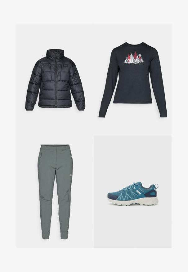 Mustat puffatakit, joissa on korkea kaulus, päivitysympäristö ja vetoketjullinen etuosa. Varustettu kahdella sivutaskulla ja joustavilla hihansuilla.; Tummanharmaa pitkähihaisen paidan graafinen kuva punaisista puista ja vuorista; "COLUMBIA" -logo lihavoituna valkoisella tekstillä. Pehmeä kangas, normaali pyöreä kaula-aukko.; Harmaat ulkoiluhousut, jotka on valmistettu kevyestä ja kestävästä materiaalista. Varustettu vetoketjullisilla sivutaskuilla ja slim fit -muotoilulla, jossa lahkeet on kapenevat.; Columbia PEAKFREAK™ II OUTDRY™ - Vaelluskengät - blue heron/skylight