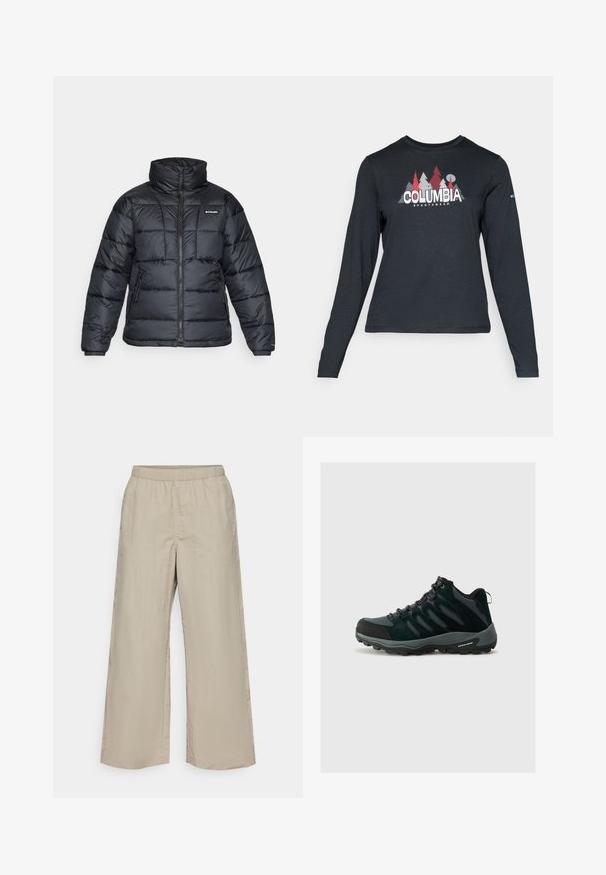 Fekete puffermellény magas gallérral, steppelt mintával és cipzáras elülső résszel. Két oldalsó zsebe és rugalmas mandzsettái vannak.; Hosszú ujjú, sötétszürke ing piros fákkal és hegyekkel díszítve; a "COLUMBIA" logó vastag fehér betűkkel. Puha anyag, klasszikus kerek nyakkivágás.; Széles lábú nadrág világos bézs színű anyagból, elasztikus derékpánttal, sima textúrával és látható hardver vagy minták nélkül.; Columbia REDMOND - Túracipők - black/citron haze