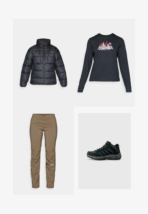 Musternatukamm, millel on kõrge krae, tikitud muster ja tõmblukuga esiosa. Sellel on kaks küljetaskut ja elastsed mansetid.; Pikend varrukatega tumehall särk, millel on punaste puude ja mägede graafika; "COLUMBIA" logo julge valge tekstiga. Pehme kangas, tavaline ümmargune kaelus.; adidas Terrex TERREX MULTI WOVEN PANT - Õuepüksid - olive strata; Columbia REDMOND - Matkajalatsid - black/citron haze