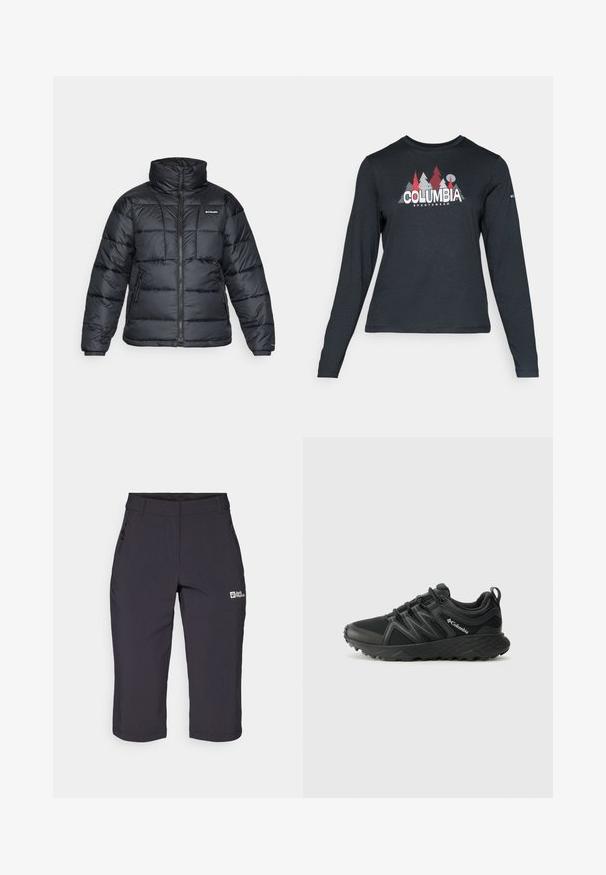 Musternatukamm, millel on kõrge krae, tikitud muster ja tõmblukuga esiosa. Sellel on kaks küljetaskut ja elastsed mansetid.; Pikend varrukatega tumehall särk, millel on punaste puude ja mägede graafika; "COLUMBIA" logo julge valge tekstiga. Pehme kangas, tavaline ümmargune kaelus.; Tumedat hallid välshortsid siledaks tekstuuriks, millel on lukuga tasku ja logo vasakul ees. Kesk-reie pikkus.; Columbia PEAKFREAK - Matkajalatsid - black