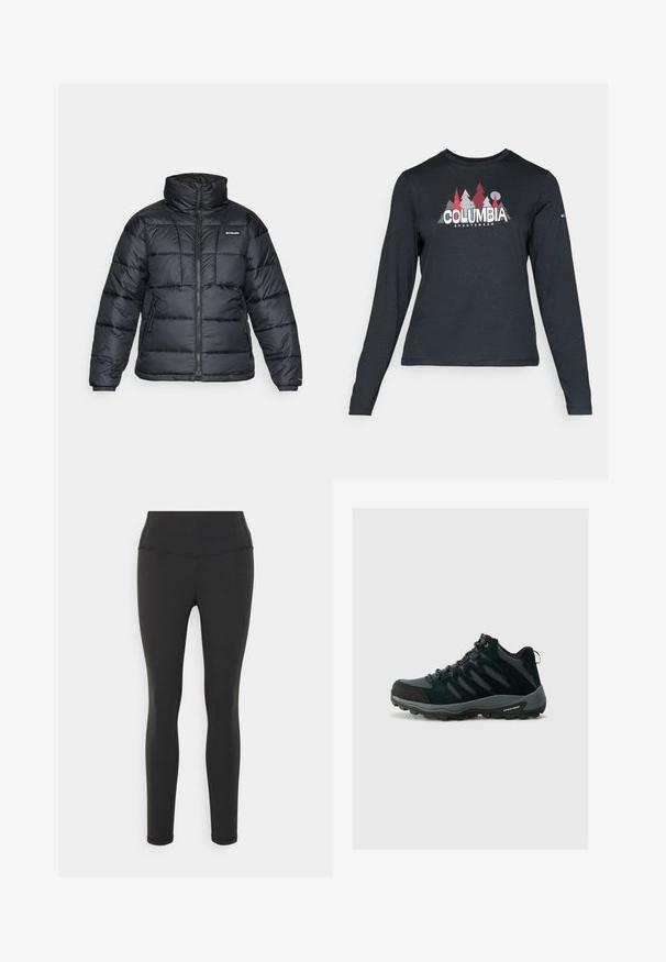 Svart dunjakke med høy krage, kviltet mønster og glidelås foran. Har to sidelommer og elastiske mansjetter.; Langermet mørkegrå skjorte med grafikk av røde trær og fjell; "COLUMBIA" logo i fet hvit tekst. Mykt stoff, standard rund hals.; Svarte leggings laget av elastisk stoff, med høy livhøyde, glatt tekstur, og uten synlige mønstre eller hardware detaljer.; Columbia REDMOND - Fjellsko - black/citron haze