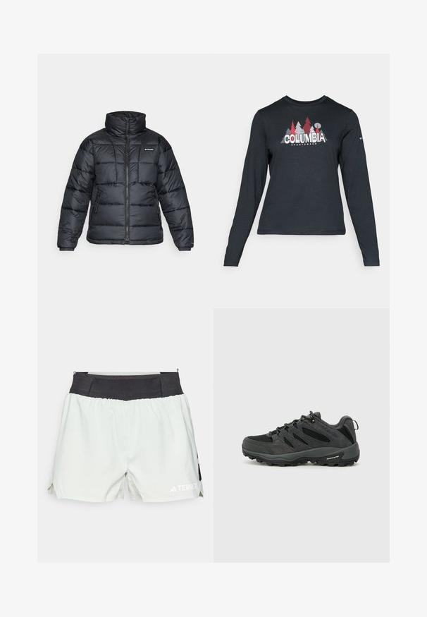 Svart puffjacka med hög krage, quiltat mönster och zippered front. Har två sidofickor och elastiska handledar.; Långärmad mörkgrå tröja med grafik av röda träd och berg; "COLUMBIA"-logotyp i fet vit text. Mjukt tyg, standard rund hals.; Ljusgråa sportshorts med svart elastisk midja, sidoflikar och vit logotyp. Tillverkade av lätt, andningsbart material.; Columbia REDMOND - Hikingskor - black/citron haze