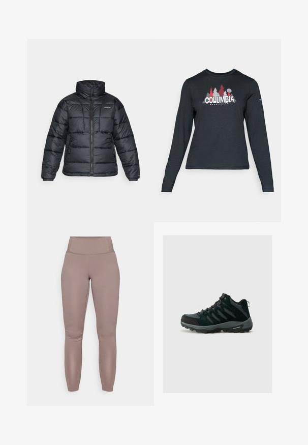 Giubbotto trapuntato nero con collo alto, motivo a cucitura e chiusura con zip. Presenta due tasche laterali e polsini elasticizzati.; Maglietta a maniche lunghe grigia scura con una grafica di alberi rossi e montagne; logo "COLUMBIA" in caratteri bianchi in grassetto. Tessuto morbido, scollatura a girocollo standard.; Leggings a vita alta e aderenti in un colore taupe solido, caratterizzati da un tessuto morbido e elastico e da un design pulito e senza cuciture.; Columbia REDMOND - Scarpa da hiking - black/citron haze