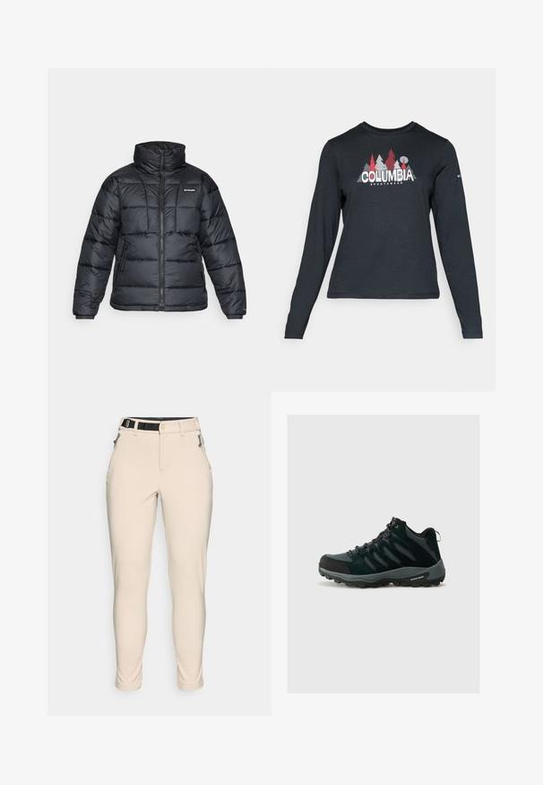 Black puffer jacket with high collar, quilted pattern, and zippered front. Features two side pockets and elastic cuffs.; Long-sleeve dark gray shirt with a graphic of red trees and mountains; "COLUMBIA" logo in bold white text. Soft fabric, standard crew neck.; Beige, form-fitting trousers with a textured fabric. Features a black adjustable waistband and zippered pockets on the sides.; Columbia REDMOND - Hiking shoes - black/citron haze