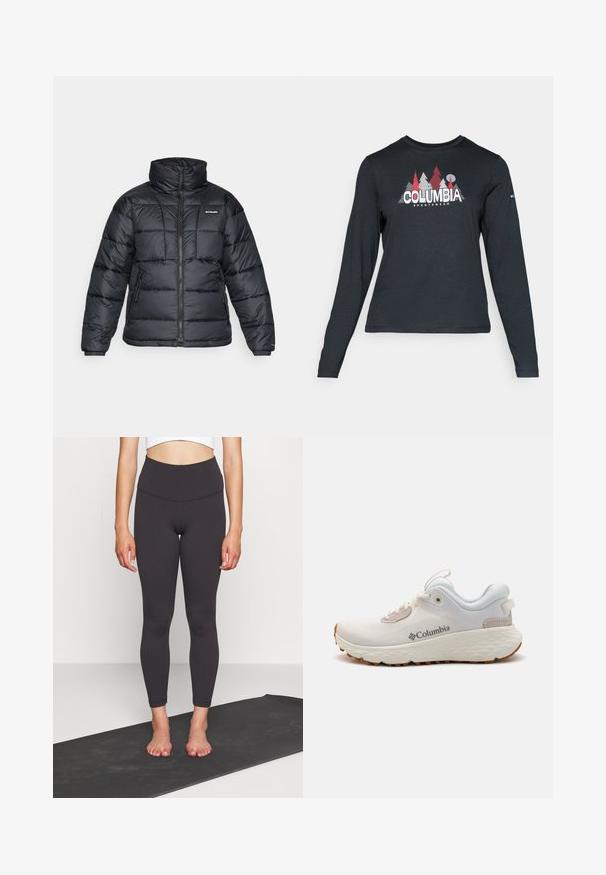 Giubbotto trapuntato nero con collo alto, motivo a cucitura e chiusura con zip. Presenta due tasche laterali e polsini elasticizzati.; Maglietta a maniche lunghe grigia scura con una grafica di alberi rossi e montagne; logo "COLUMBIA" in caratteri bianchi in grassetto. Tessuto morbido, scollatura a girocollo standard.; Leggings neri a vita alta in tessuto liscio e elastico con una silhouette aderente, che termina alla caviglia. Abbinali a un top corto su un tappetino da yoga.; Scarpa atletica leggera Columbia in rete bianca con suola grigia testurizzata e trazione in gomma. Presenta un colletto imbottito e un design con lacci.