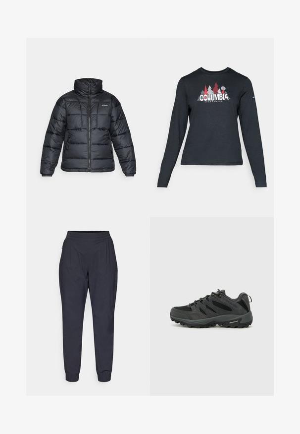 Musternatukamm, millel on kõrge krae, tikitud muster ja tõmblukuga esiosa. Sellel on kaks küljetaskut ja elastsed mansetid.; Pikend varrukatega tumehall särk, millel on punaste puude ja mägede graafika; "COLUMBIA" logo julge valge tekstiga. Pehme kangas, tavaline ümmargune kaelus.; Tumedat sinised, kergekaalulised püksid, millel on kitsenev jala disain. Omab elastset vööd ja kahte külgmise lukuga taskut. Sile tekstuur.; Columbia REDMOND - Matkajalatsid - black/citron haze