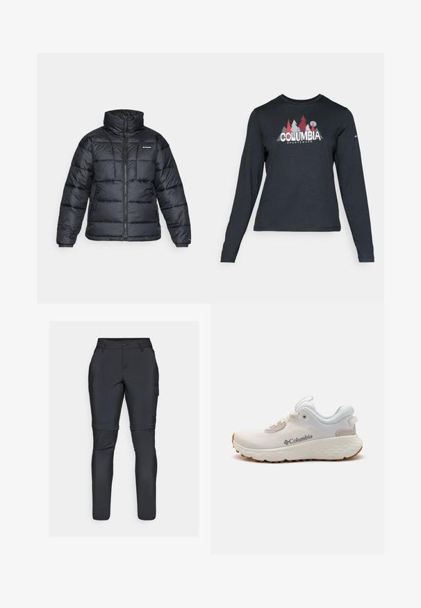 Musternatukamm, millel on kõrge krae, tikitud muster ja tõmblukuga esiosa. Sellel on kaks küljetaskut ja elastsed mansetid.; Pikend varrukatega tumehall särk, millel on punaste puude ja mägede graafika; "COLUMBIA" logo julge valge tekstiga. Pehme kangas, tavaline ümmargune kaelus.; Mustad mustad püksid, mis on valmistatud kerge ja veniva kangaga. Omab artikeeritud põlvi, külgtaskuid ja istuvat disaini liikuvuse tagamiseks.; Kerged Columbia spordijalanõud valgest võrgust, millel on tekstureeritud hall tall ja kummist haardepind. Omaduseks on polsterdatud krae ja nööridega kinnitussüsteem.